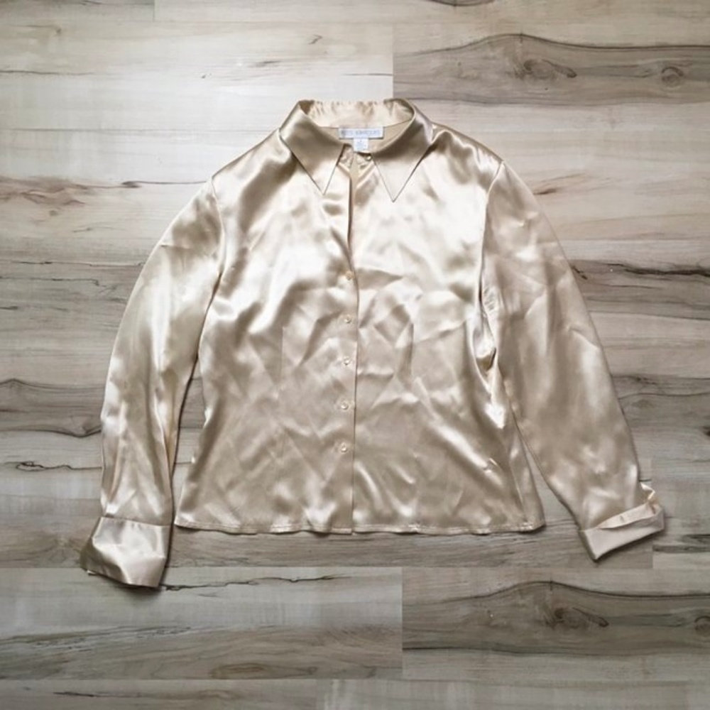 Petite sophisticate silk beige button up shirt